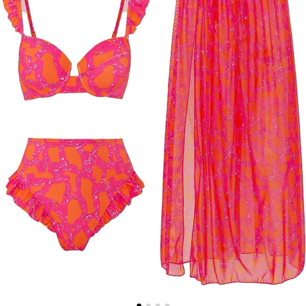 Vibrant Orange and Pink Bikini Set with Cover-Up
